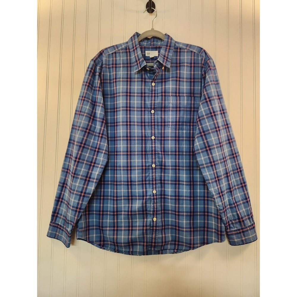 GAP Slim Fit Mens XL Blue Plaid Long Sleeve Button Down Cotton Shirt Preppy